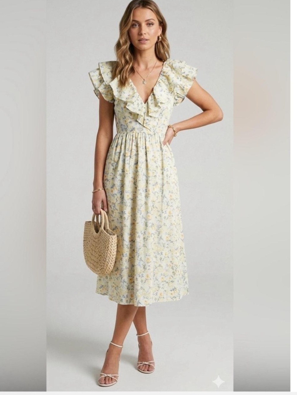 o.p.t. Kate cotton Yellow sage Floral Ruffle Midi Dress size xL  cottage core